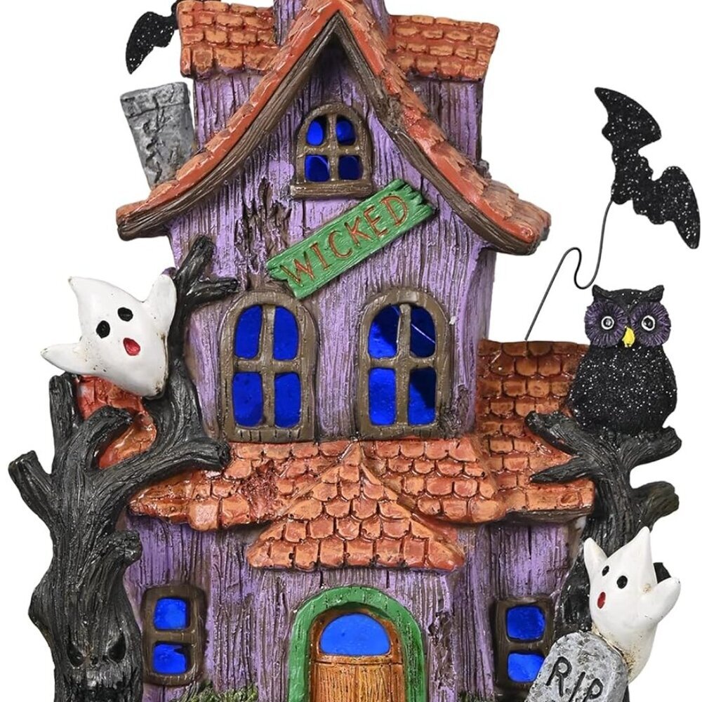 Haunted House Figurine with Bat Ghost Pumpkin for Halloween Decorations, Large P